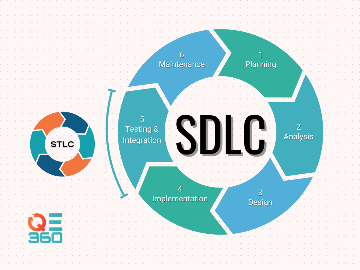 SDLC diagram with 6 named phases. STLC connects to the 5th phase of SDLC, representing the integration of software testing within the development lifecycle.